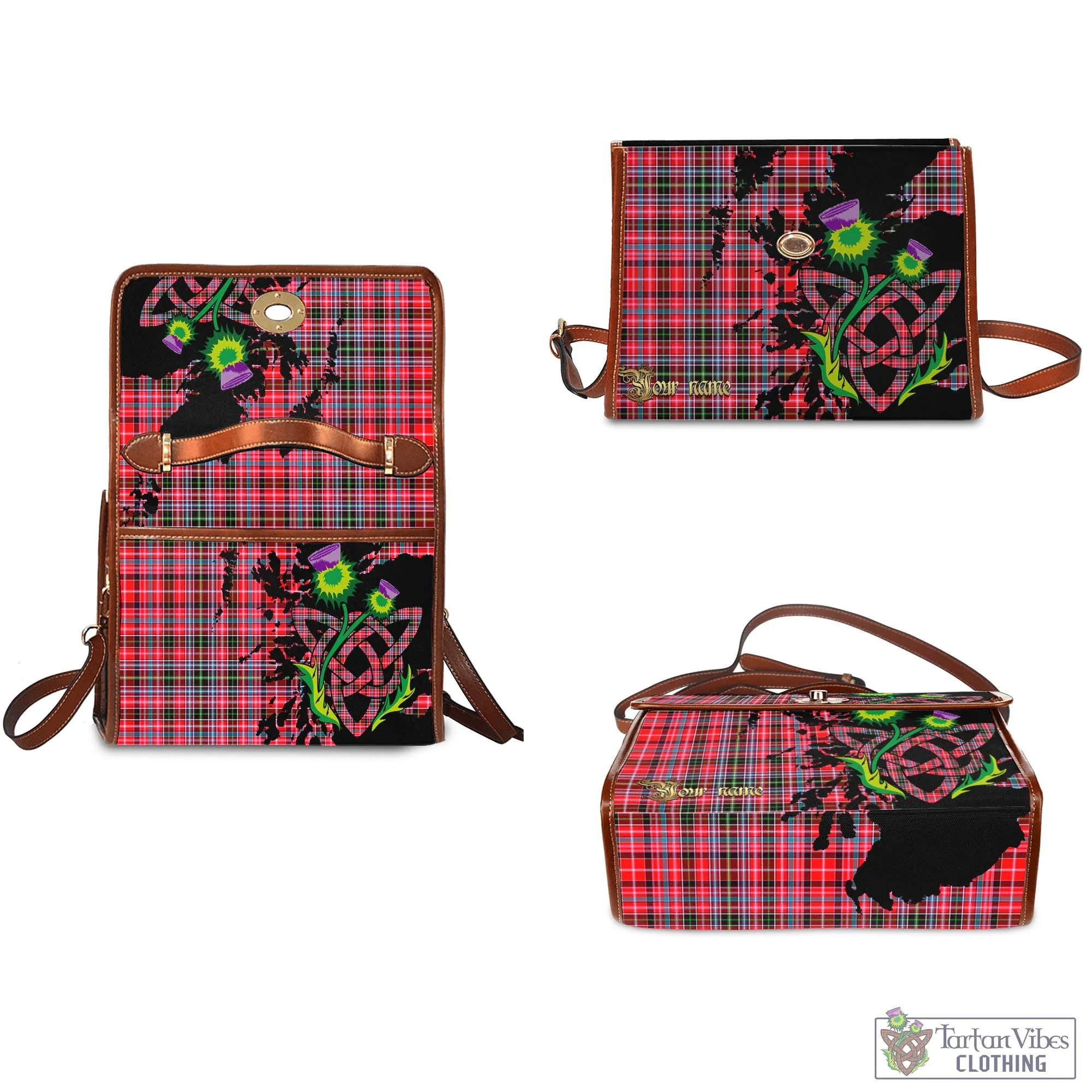 Aberdeen District Tartan Waterproof Canvas Bag with Scotland Map and Thistle Celtic Accents