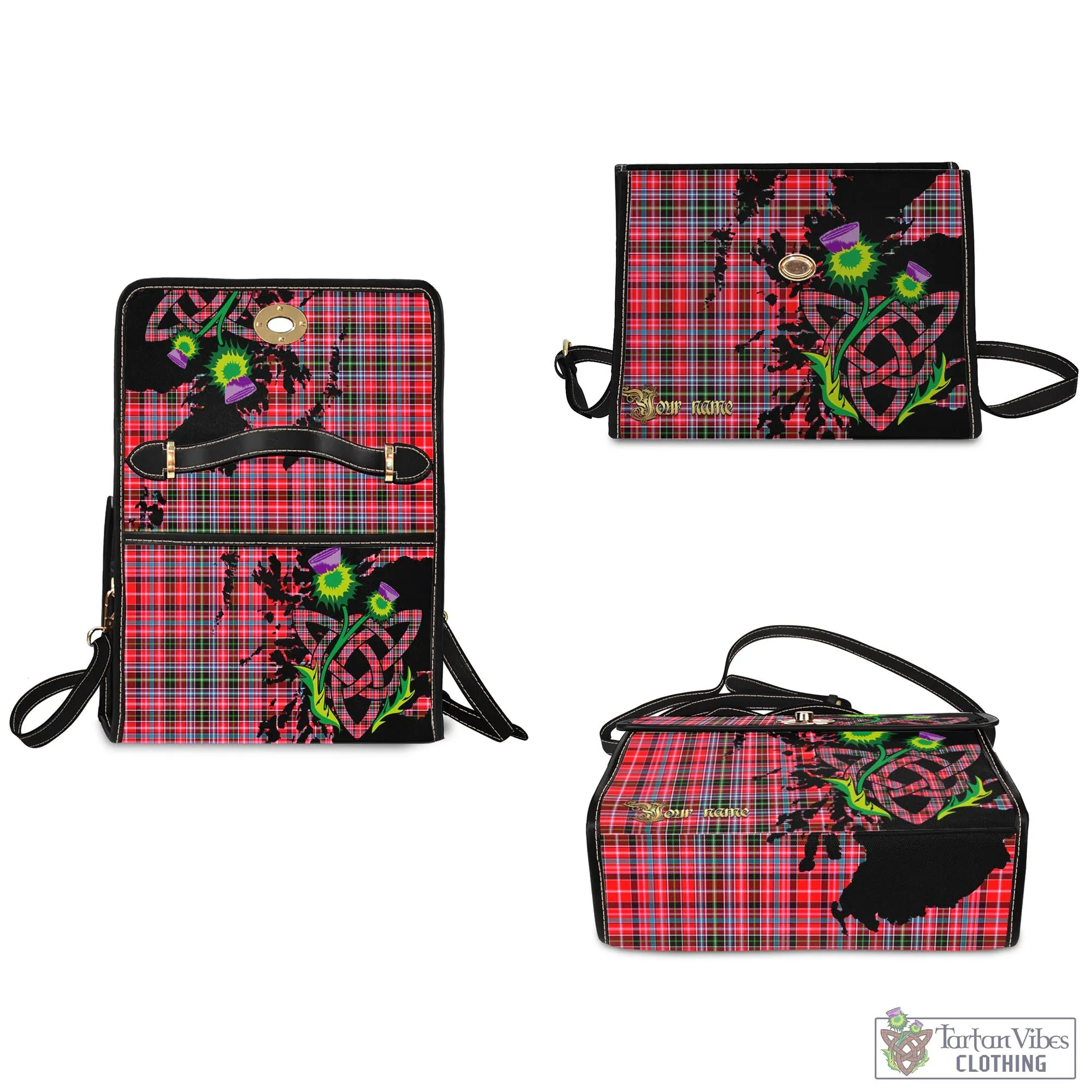 Aberdeen District Tartan Waterproof Canvas Bag with Scotland Map and Thistle Celtic Accents