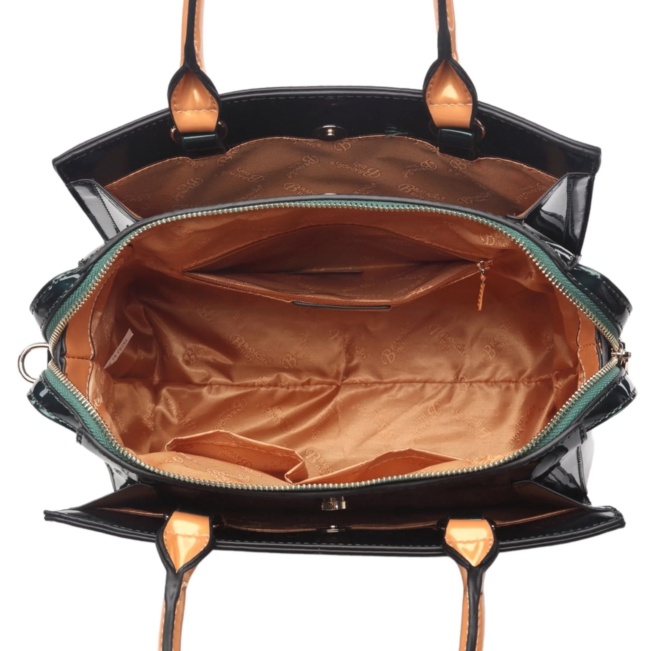 Brangio Glossy Handbag with Floral Accent