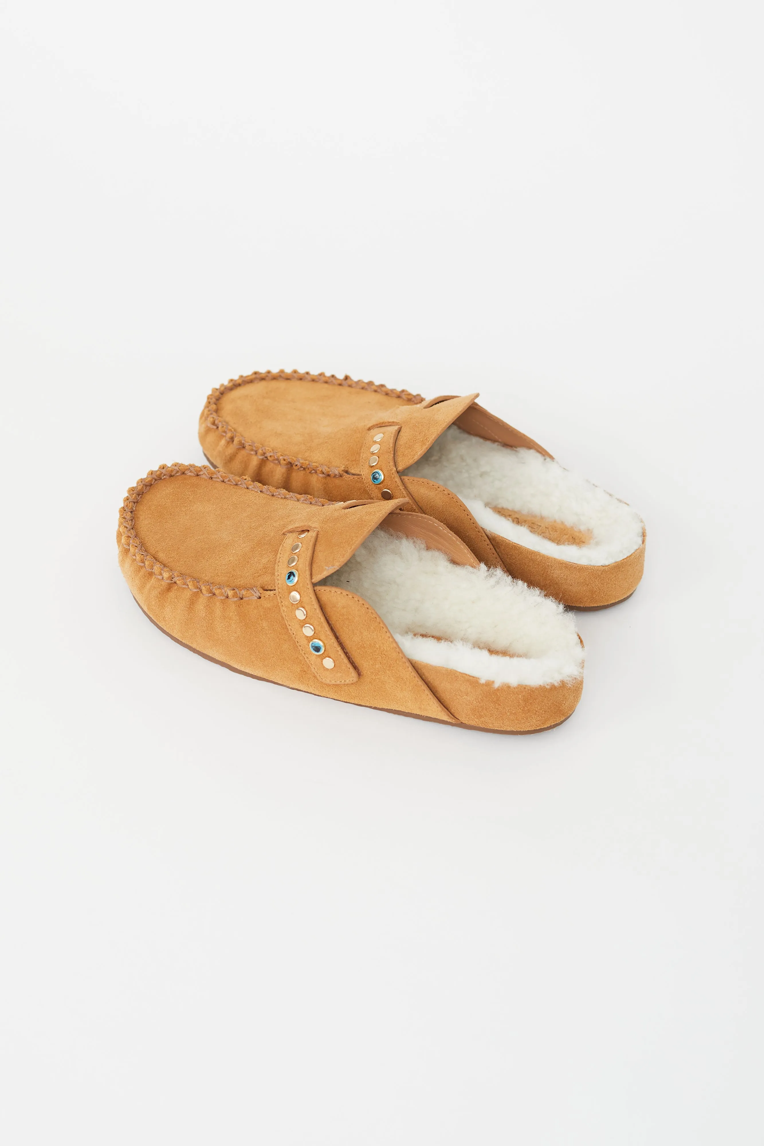 Brown Suede Joy Studded Shearling Mule