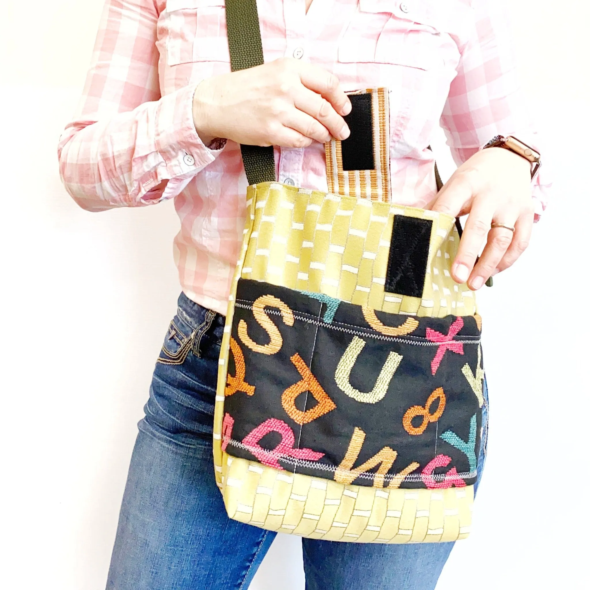 FIND·IT·FAST Crossbody Purse, One of a Kind Bag, Upholstery Upcycled Bag, Black and Chartreuse Medium Size Purse