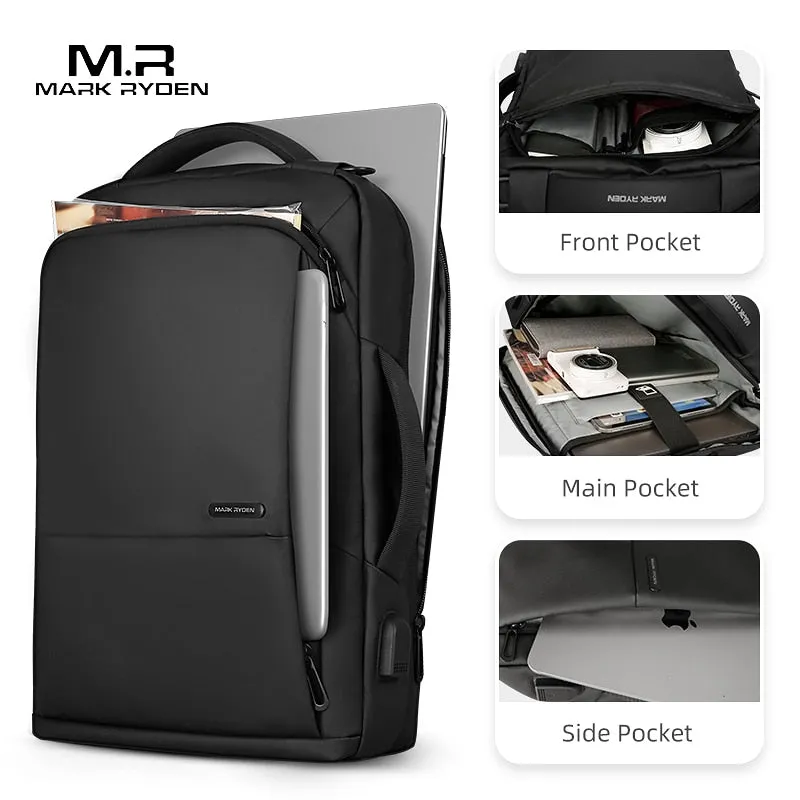 Mark Ryden Travel Backpack Large Capacity Teenager Male Mochila Anti-thief Bag USB Charging 15.6 inch Laptop Backpack Waterproof (Black 15 Inches)