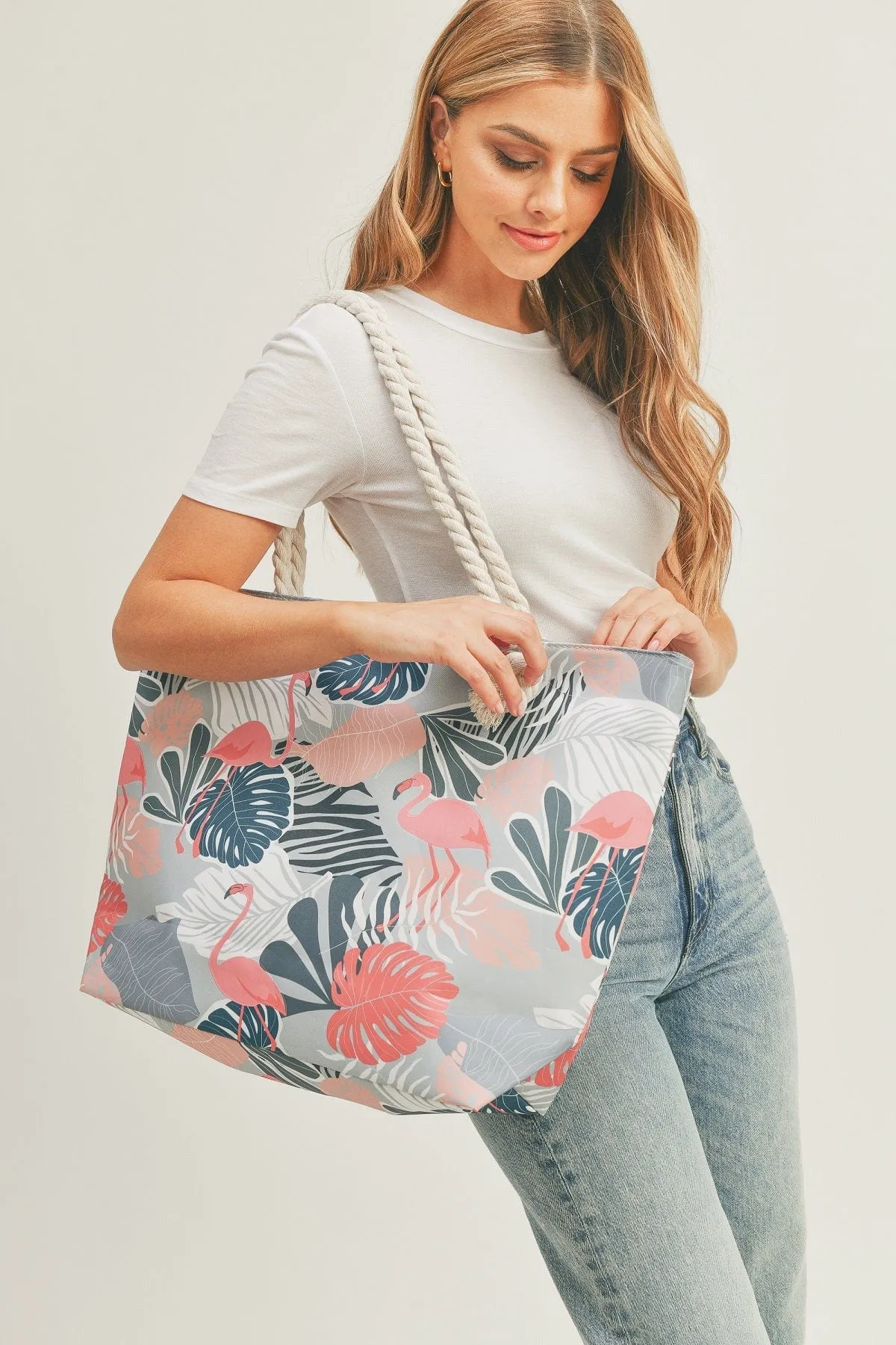 MB0172 Flamingo Tropical Leaves Tote Bag