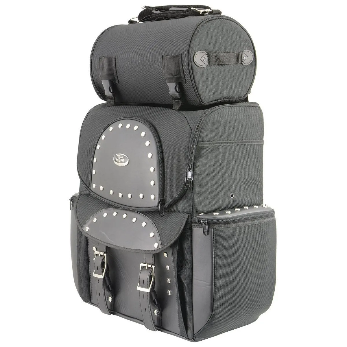 Milwaukee Leather SH605S Large Black 'Studded' Textile and PVC 2 Piece Touring Sissy Bar Motorcycle Bag