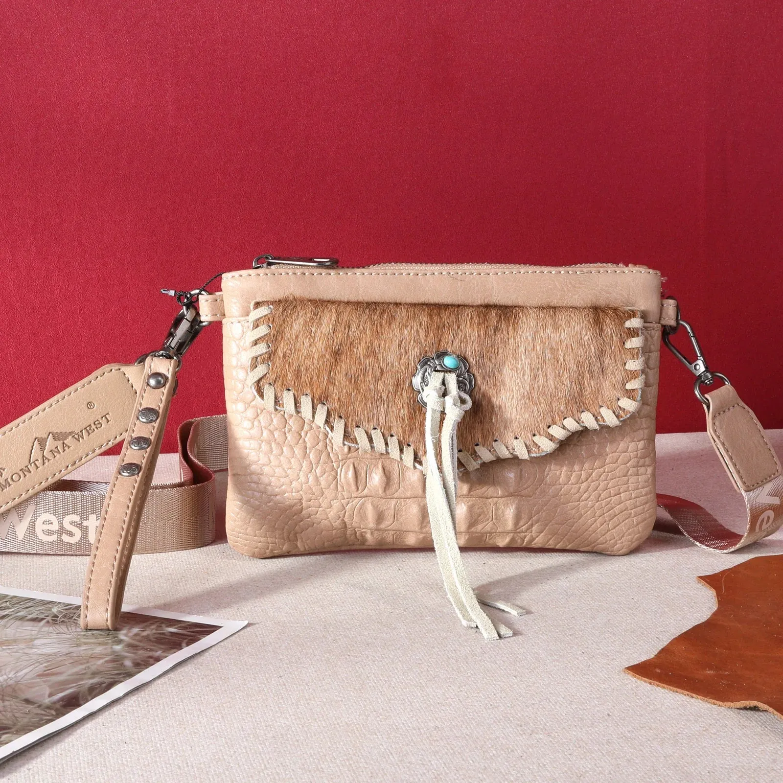 Montana West Hair-On Cowhide Croc Embossed Clutch/Crossbody