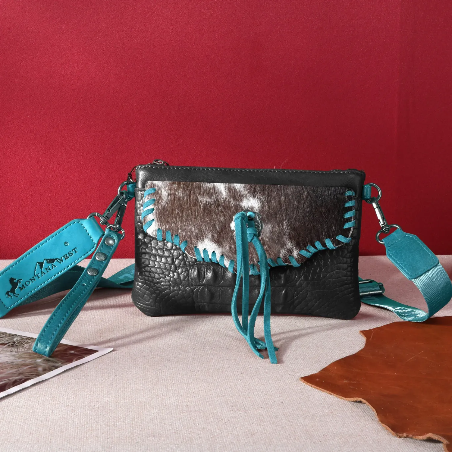 Montana West Hair-On Cowhide Croc Embossed Clutch/Crossbody
