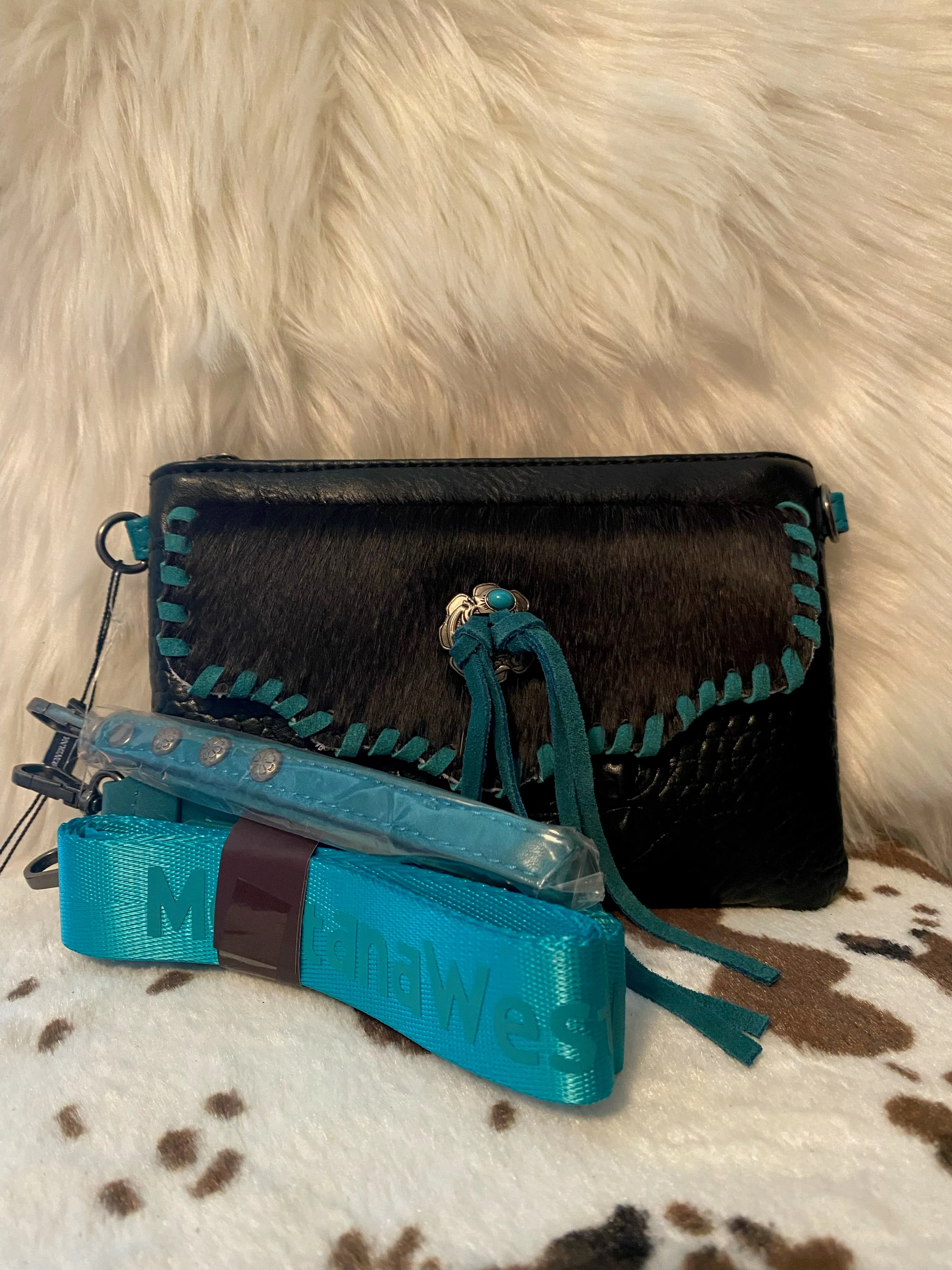 Montana West Hair-On Cowhide Croc Embossed Clutch/Crossbody