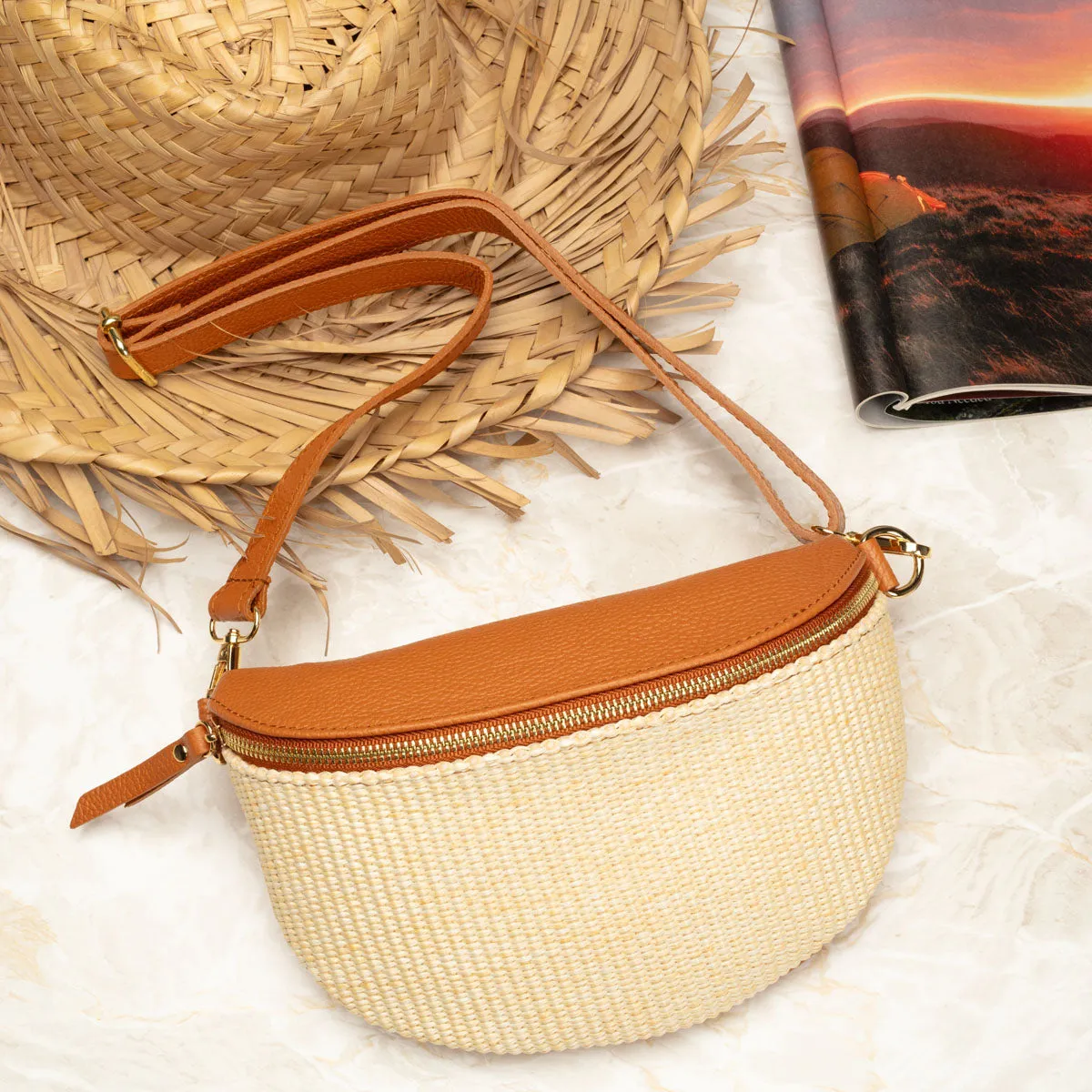 Raffia Sling Bag Camel