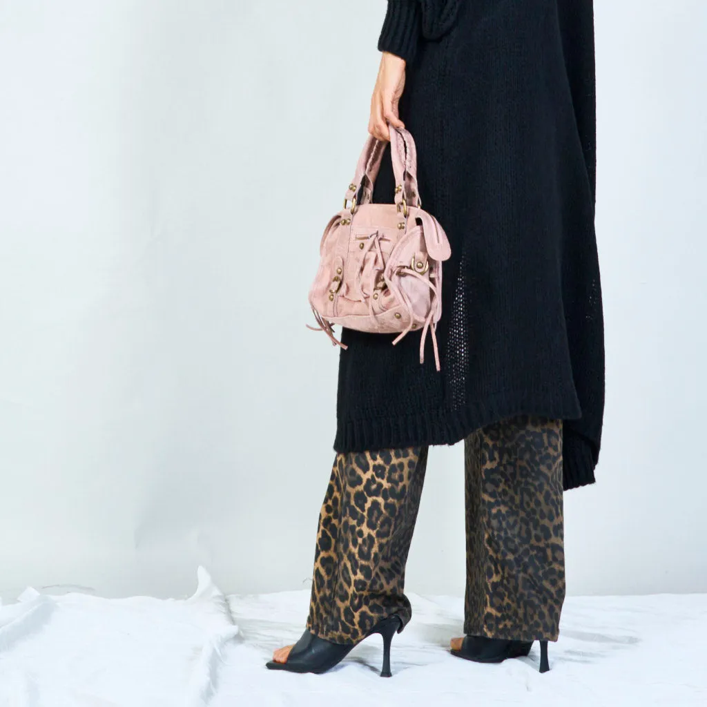 Suede and metallic leather handbag with studded details wholesale