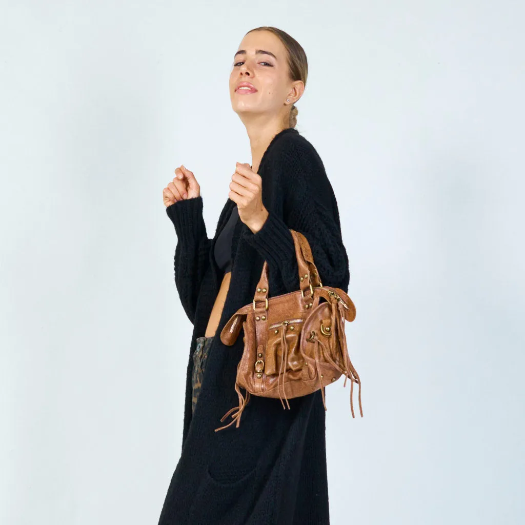 Suede and metallic leather handbag with studded details wholesale