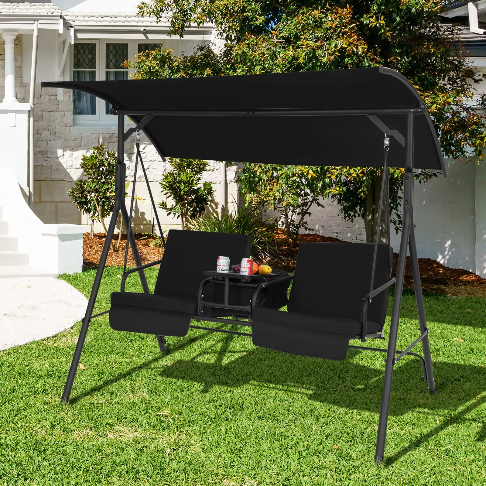 Tangkula 2 Person Porch Swing, Outdoor Swing with Pivot Storage Table