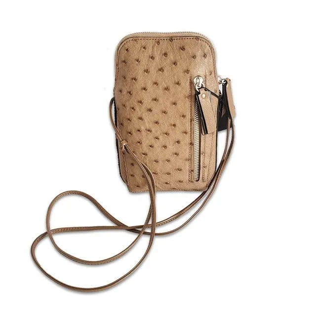 Via Veneta Willow Ostrich Quill Leather Ladies Crossbody Mobile Handbag | Pepper