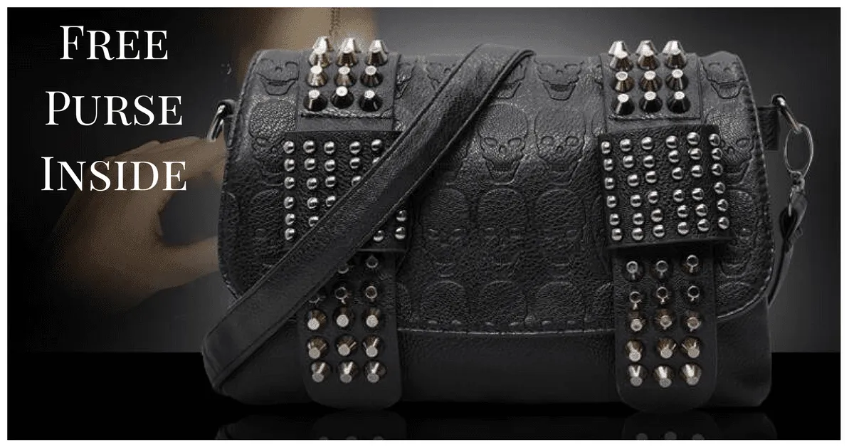 Vintage Skull Studded Rivet Shoulder Bag w/ Free Skull Wallet, Eco-Leather, Black