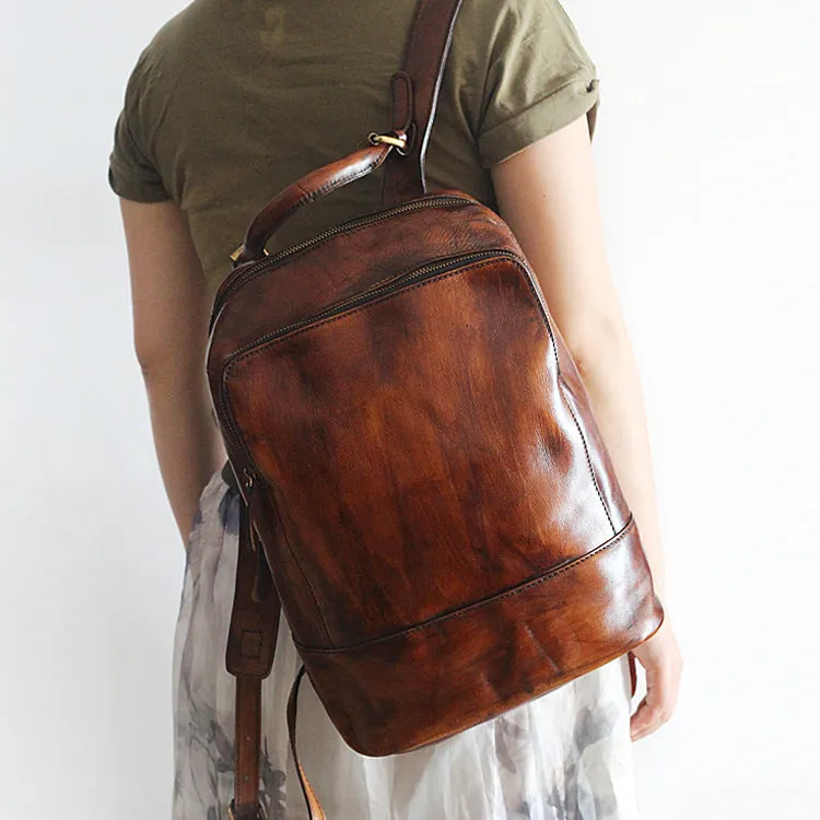 Vintage Womens Medium Brown Leather Backpack Bag Purse Cool Backpacks for Women